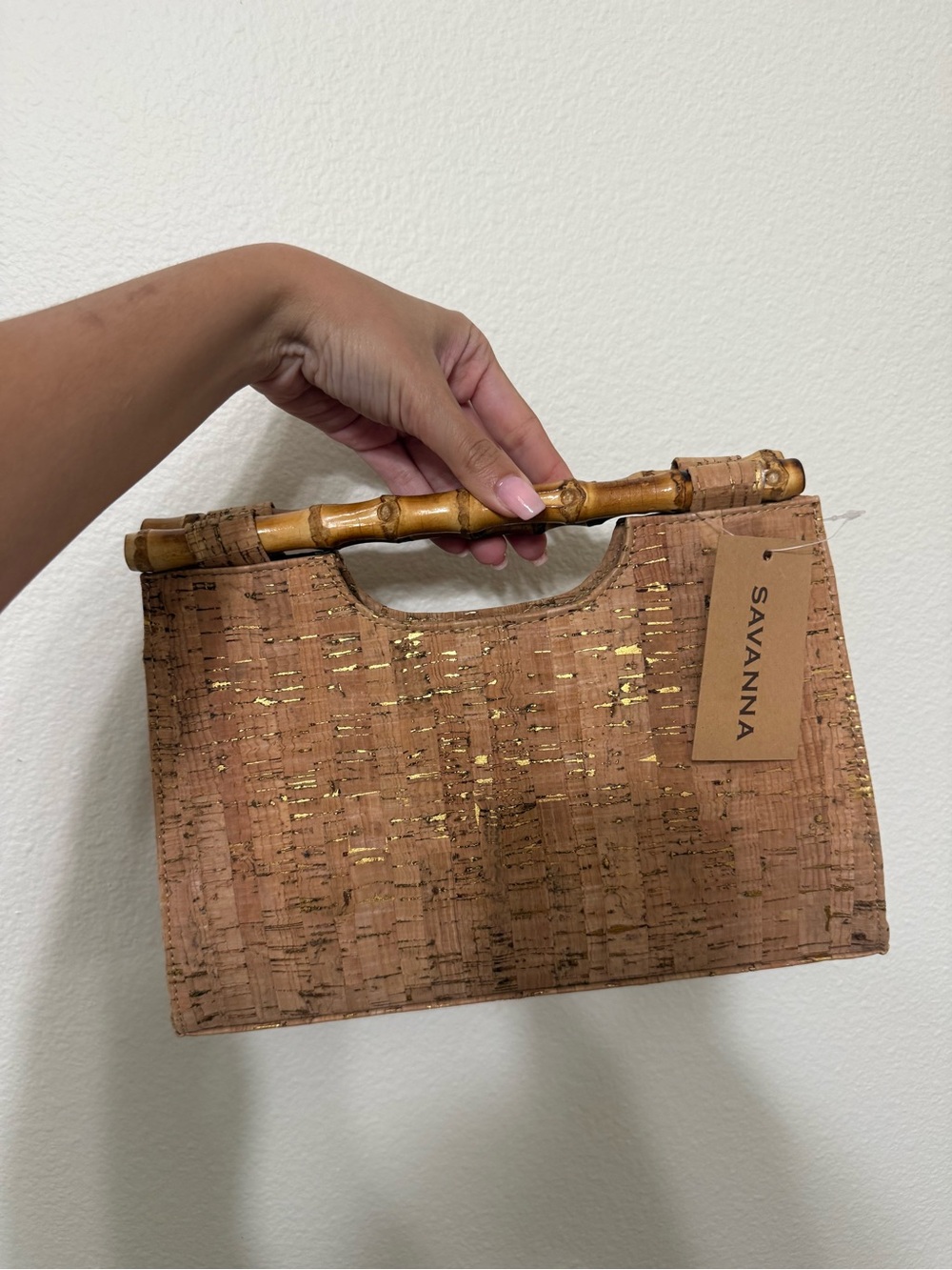 NWT Gold Cork Clutch Purse With Bamboo Handle